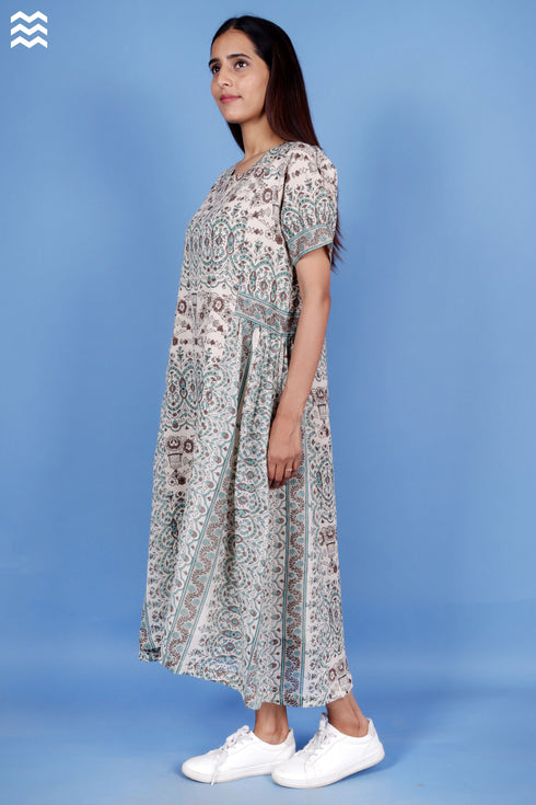 Crepe Cotton Foxy Dress In Block Print