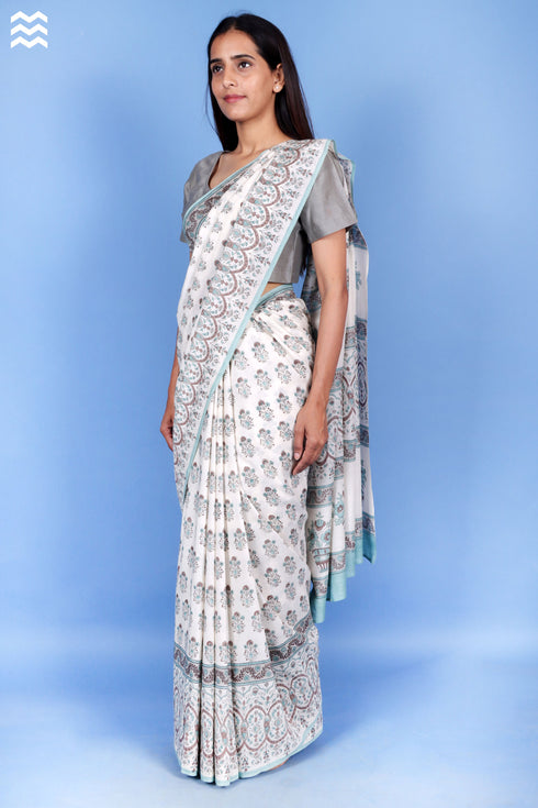 Cotton Silk Saree With Fall In Floral Block Print