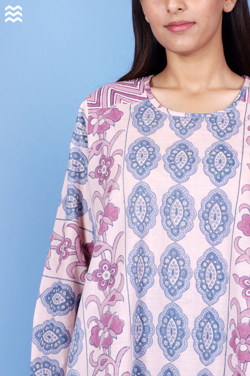 Slub Cotton Full Sleeved Rose Top In Block Print