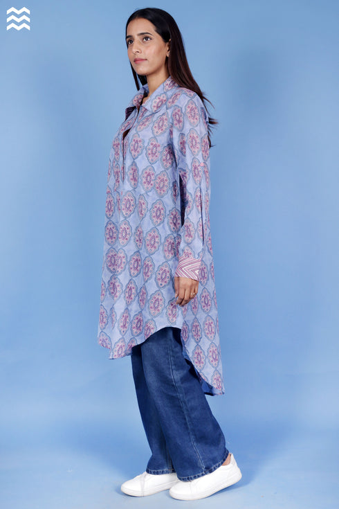 Mulmul Cotton Long Boyfriend Top in Block Print