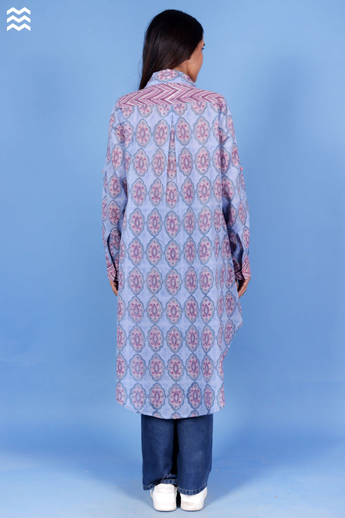 Mulmul Cotton Long Boyfriend Top in Block Print