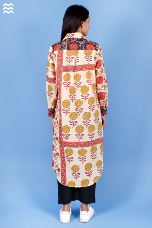 Cambric Cotton Long Boyfriend Shirt In Block Print