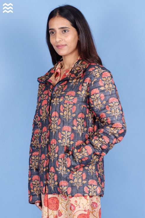 Mulmul Cotton Navy Floral Puffer Jacket