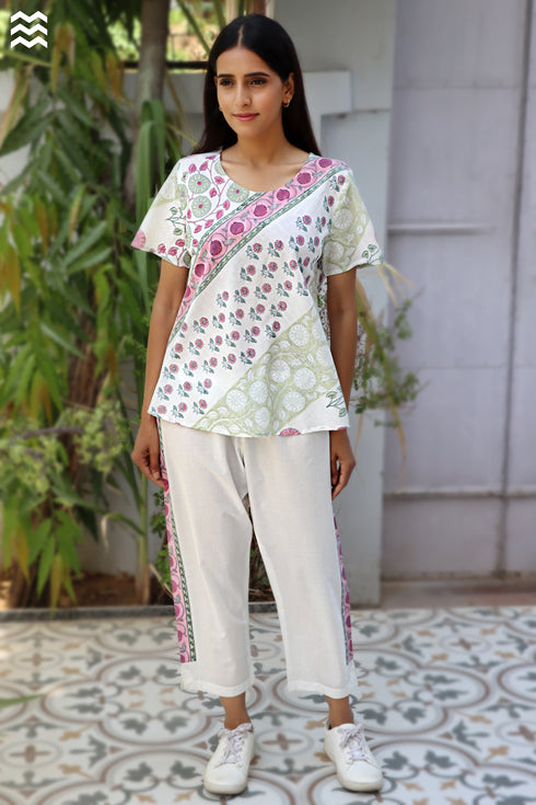 Cambric Cotton Rose Pant In Block Print