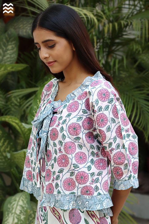 100% Mul Mul Cotton Off White Floral Overlay