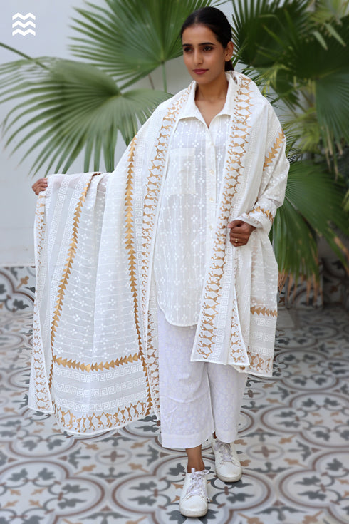 MulMul Cotton Off-White Block Printed Momo Wrap
