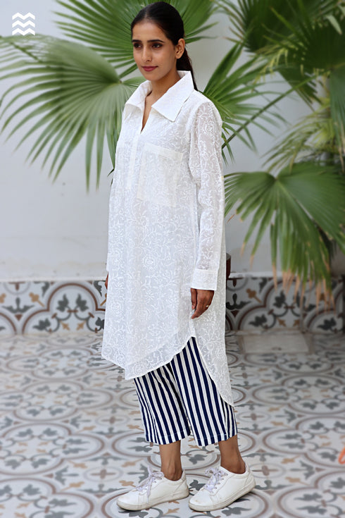MulMul Cotton Long Boyfriend Shirt in Block Print