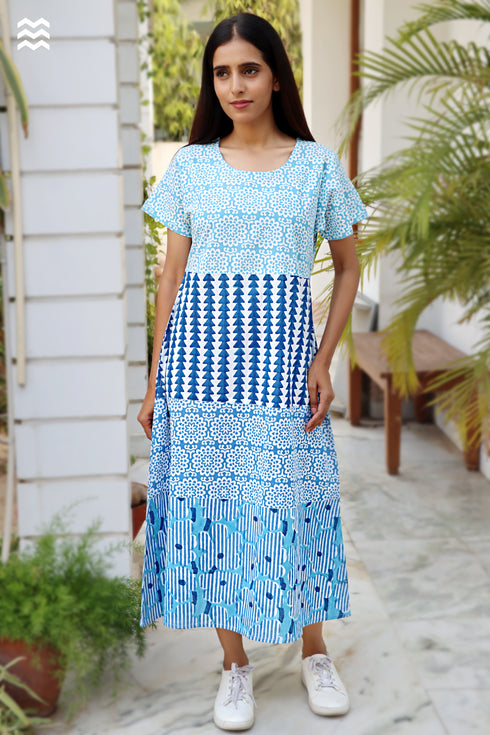 Cambric Cotton Long Taylor Dress in Mixed Prints