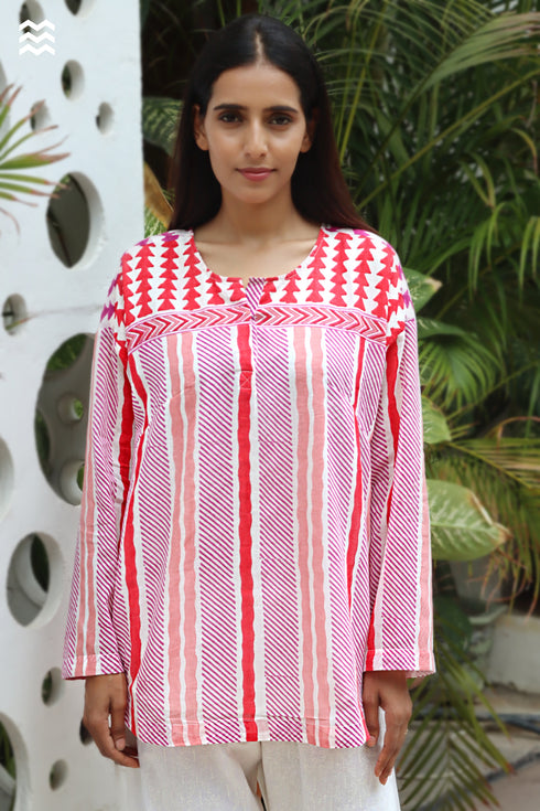 MulMul Cotton White & Red Pleat Top in Geometric Block Print