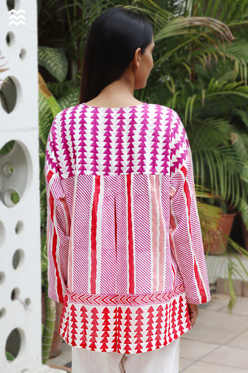 MulMul Cotton White & Red Pleat Top in Geometric Block Print