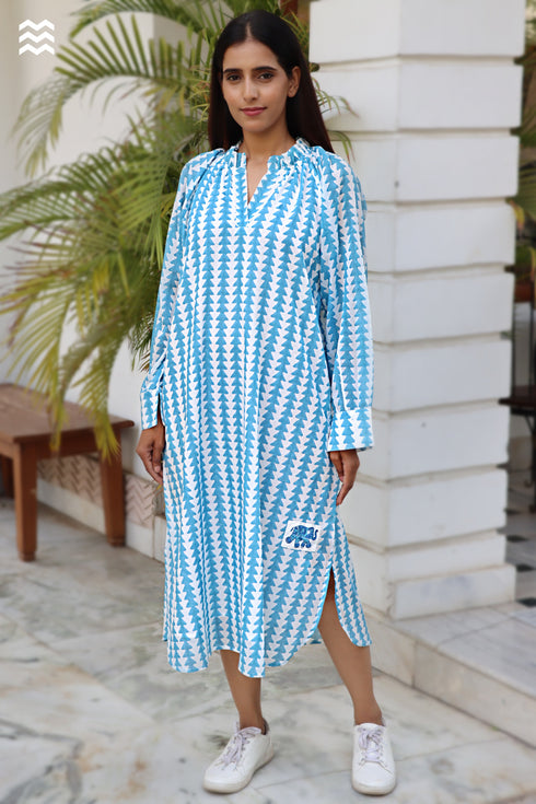 Mul Mul Cotton Long Pierot Dress in Block Print