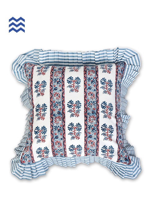 20s Cotton Cushion Cover With Frills In FloralBlock Print