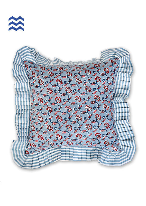 20s Cotton Cushion Cover With Frills In FloralBlock Print