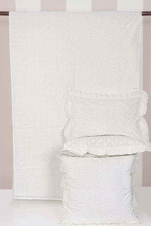 20s Cotton Bed Cover In Ivory White Block Print
