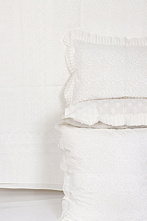20s Cotton Bed Cover In Ivory White Block Print