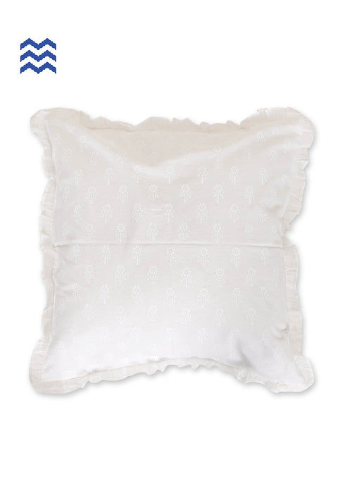 20s Cotton Cushion Cover With Frills In Ivory Block Print