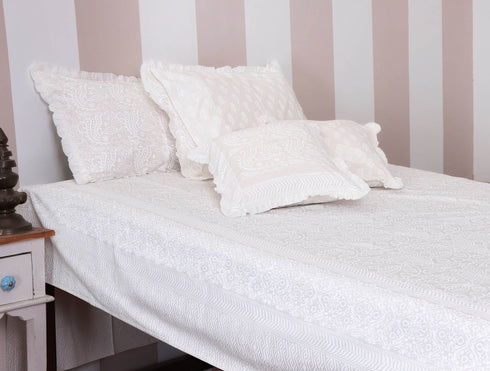 20s Cotton Cushion Cover With Frills In Ivory Block Print