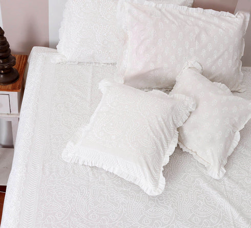 20s Cotton Cushion Cover With Frills In Ivory Block Print