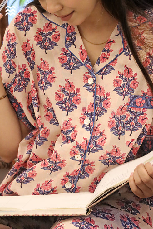 Cambric Cotton Short-Sleeve Pajama Set in Floral Print