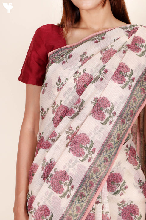 Kota Doria Saree In Floral Block Print