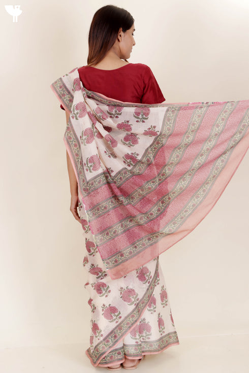 Kota Doria Saree In Floral Block Print