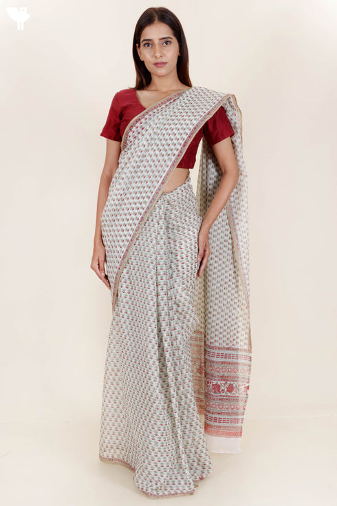 Kota Doria Saree in Floral Block Print