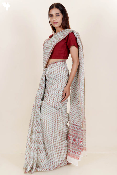 Kota Doria Saree in Floral Block Print