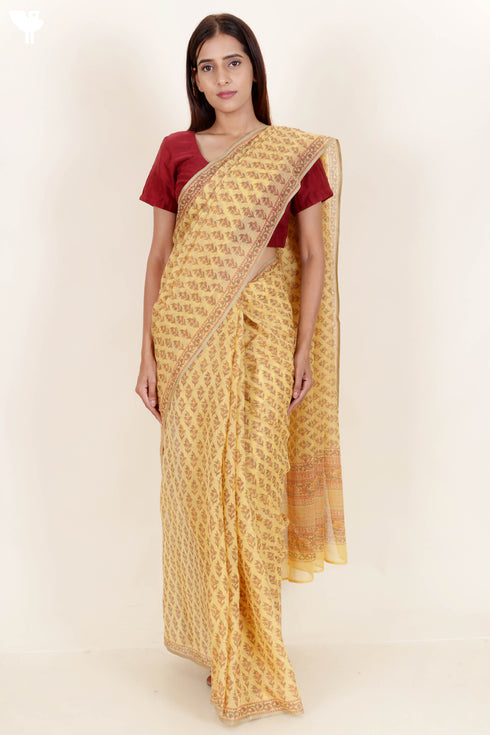 Kota Doria Saree in Floral Block Print