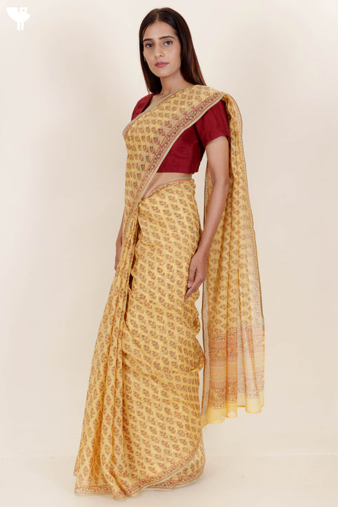 Kota Doria Saree in Floral Block Print
