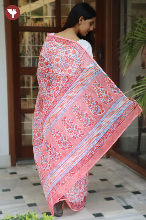 Kota Doria Saree in Floral Block Print