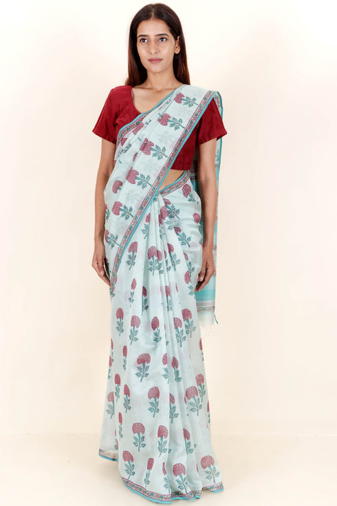 Maheshwari Saree In Floral Block Print