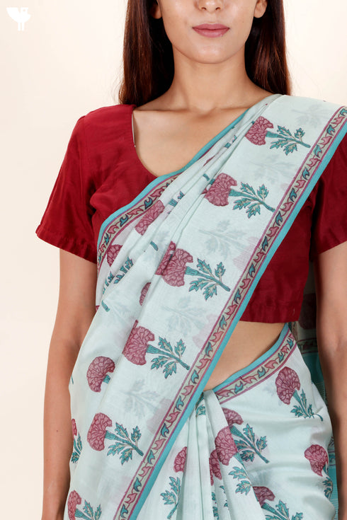 Maheshwari Saree In Floral Block Print