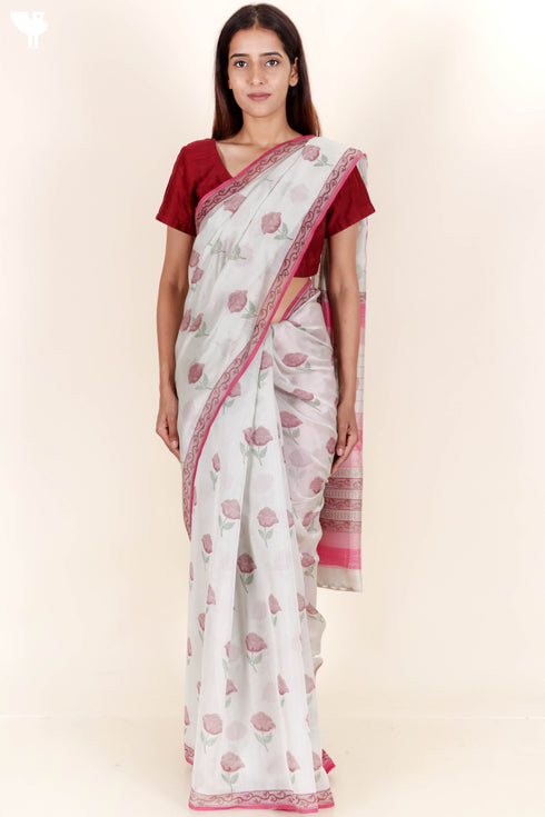 Maheshwari Saree In Floral Block Print
