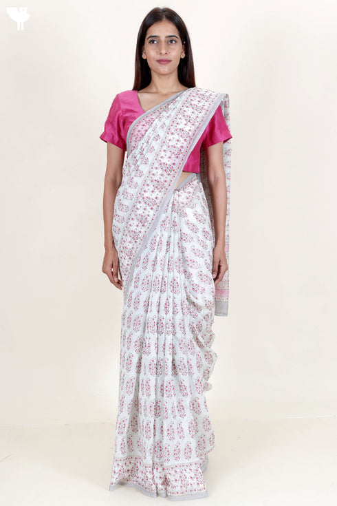 Chanderi Silk Saree In Floral Block Print