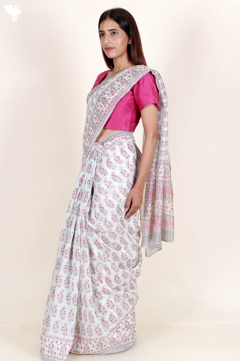 Chanderi Silk Saree In Floral Block Print