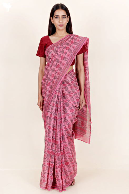 Chanderi Silk Saree In Floral Block Print