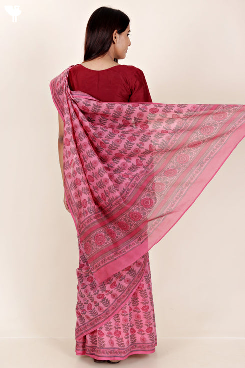 Chanderi Silk Saree In Floral Block Print
