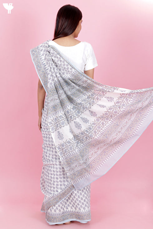 Chanderi Silk Saree In Floral Block Print