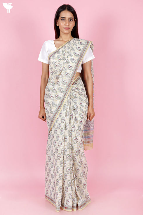 Chanderi Silk Saree In Floral Block Print