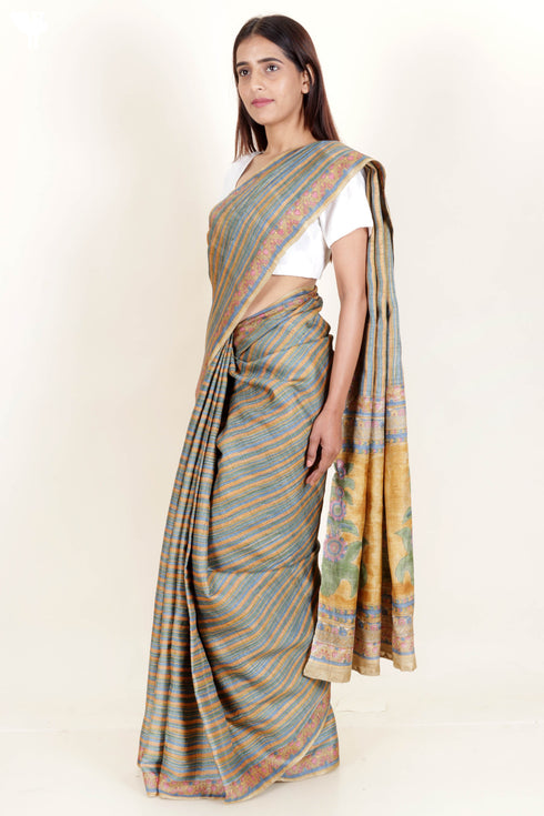 Tussar Silk Saree In Floral Block Print