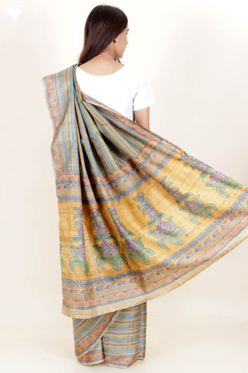 Tussar Silk Saree In Floral Block Print