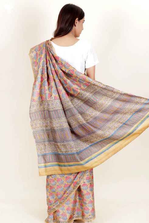 Tussar Silk Saree In Floral Block Print