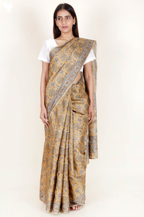 Tussar Silk Saree In Floral Block Print