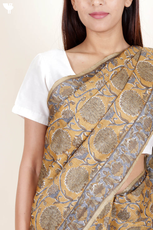 Tussar Silk Saree In Floral Block Print