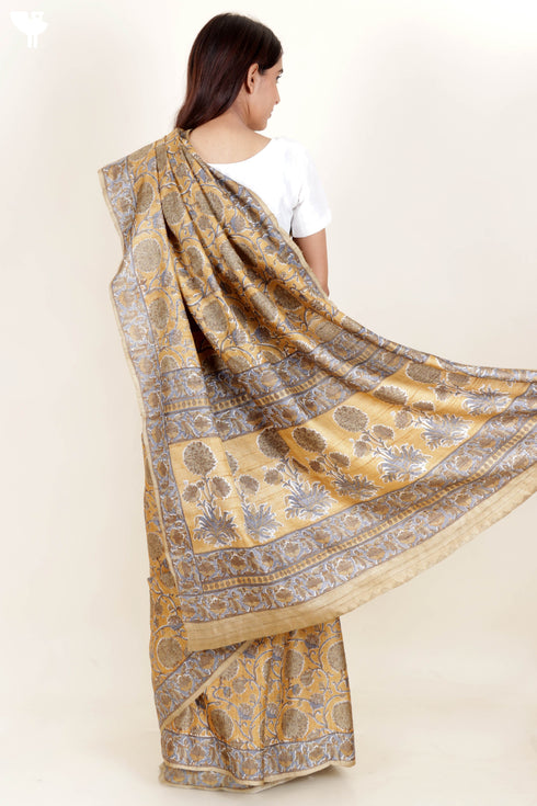 Tussar Silk Saree In Floral Block Print