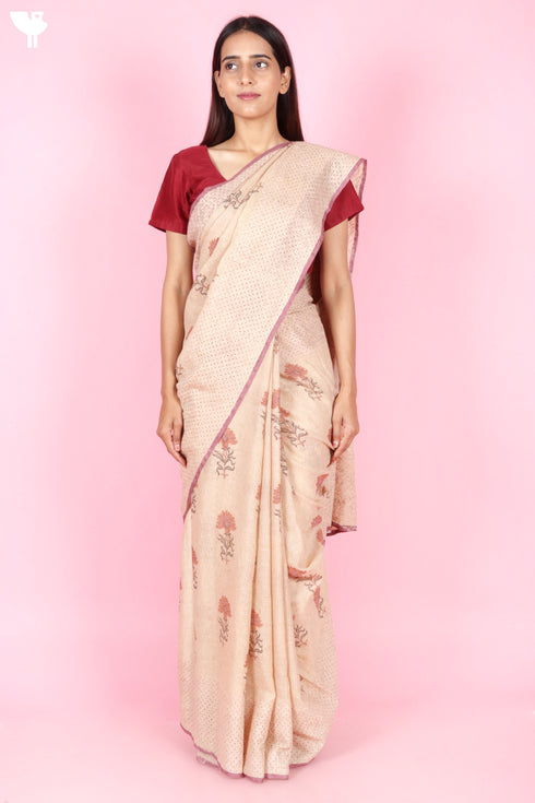 Kota Doria Saree In Block Print with Chikankari Embroidery