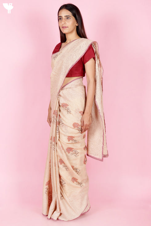 Kota Doria Saree In Block Print with Chikankari Embroidery