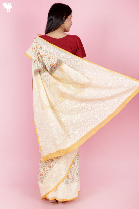 Kota Doria Saree In Block Print with Chikankari Embroidery