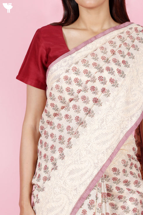 Kota Doria Saree In Block Print with Chikankari Embroidery