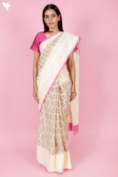 Kota Doria Saree In Block Print with Chikankari Embroidery